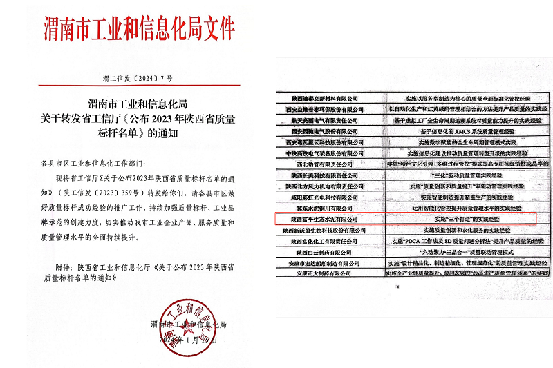 喜報(bào)！富平公司榮獲陜西省質(zhì)量標(biāo)桿榮譽(yù)